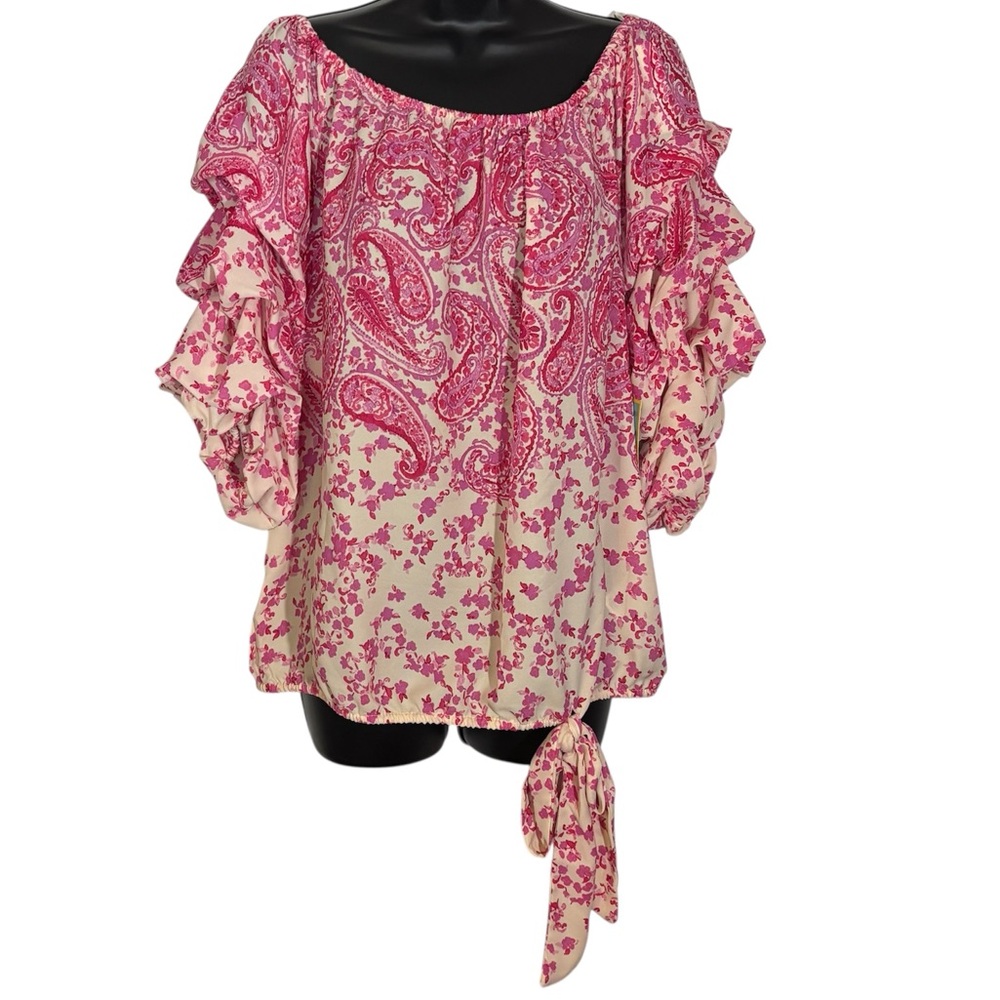 CeCe Off The Shoulder Blouse Ruffle Sleeves Pink Paisley Women’s Size Large